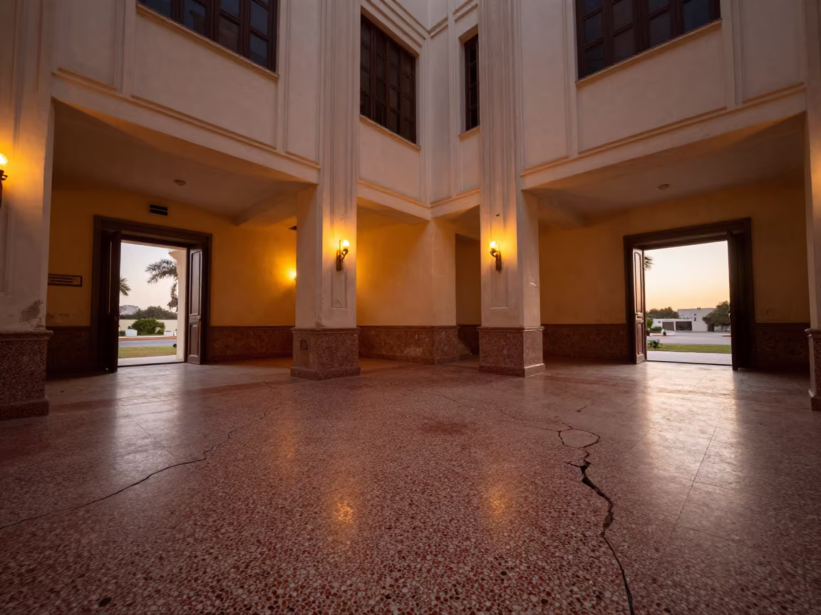 Candlelit Art Deco Lobby in Ajman Ruin in inside a derelict reception hall open to the weather in Ajman