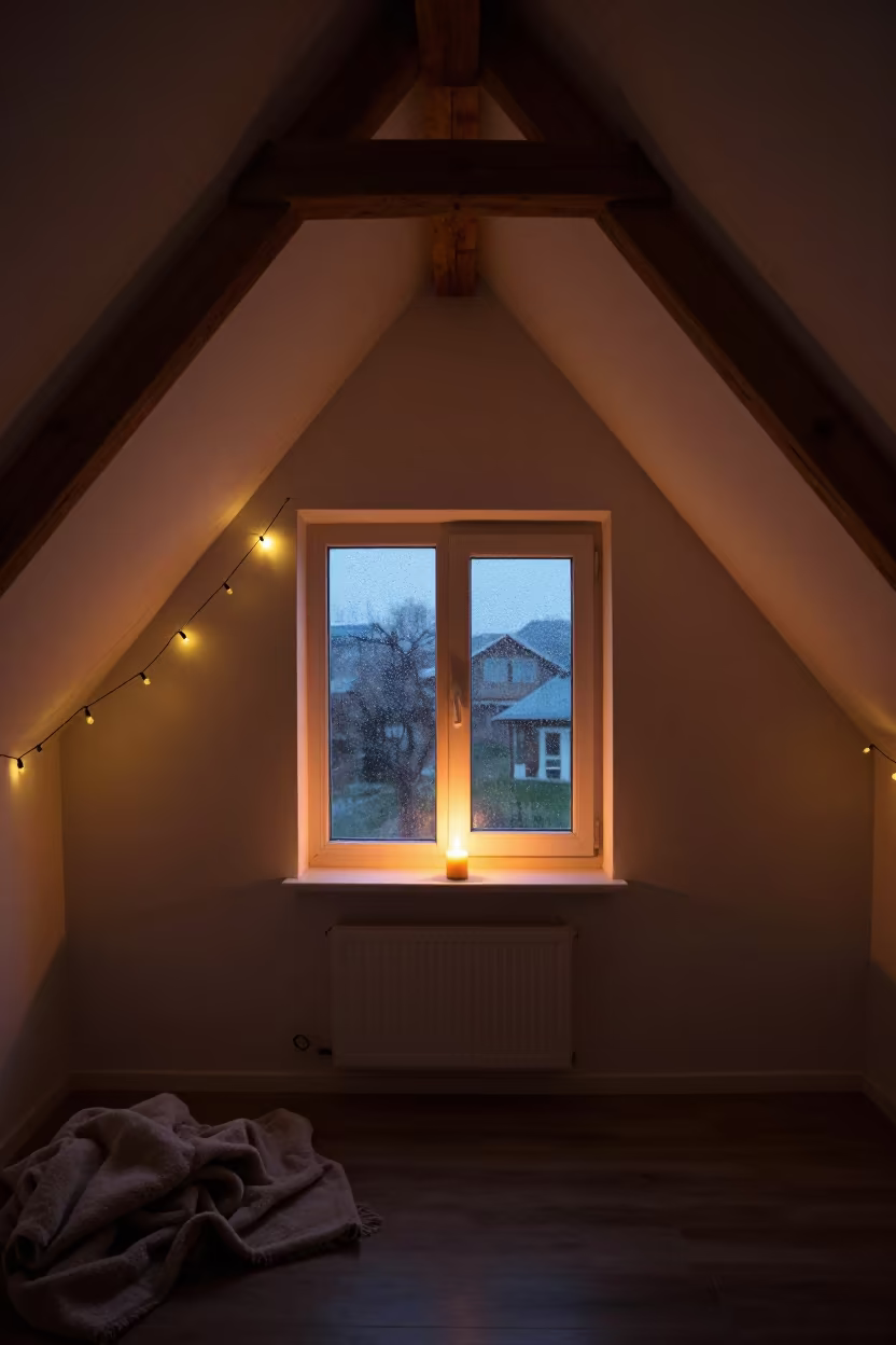 Candlelit Attic Window Rain Konya Predawn in beside a rain-streaked window near Konya