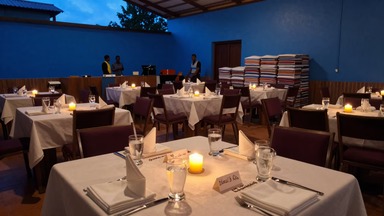 Candlelit Banquet Tables in Wolaita Sodo Monsoon in inside a banquet hall before service in Wolaita Sodo