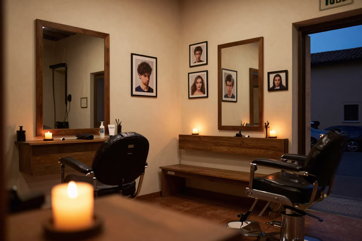 Candlelit Barber Bench in Forli Salon Row in inside a salon row in Forlì