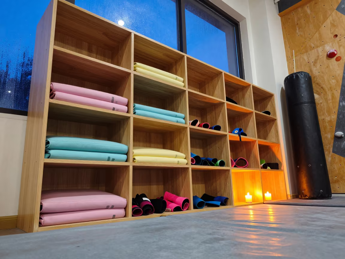 Candlelit Barre Cubbies at Twilight Near Najaf in inside a climbing gym warmup zone near Najaf
