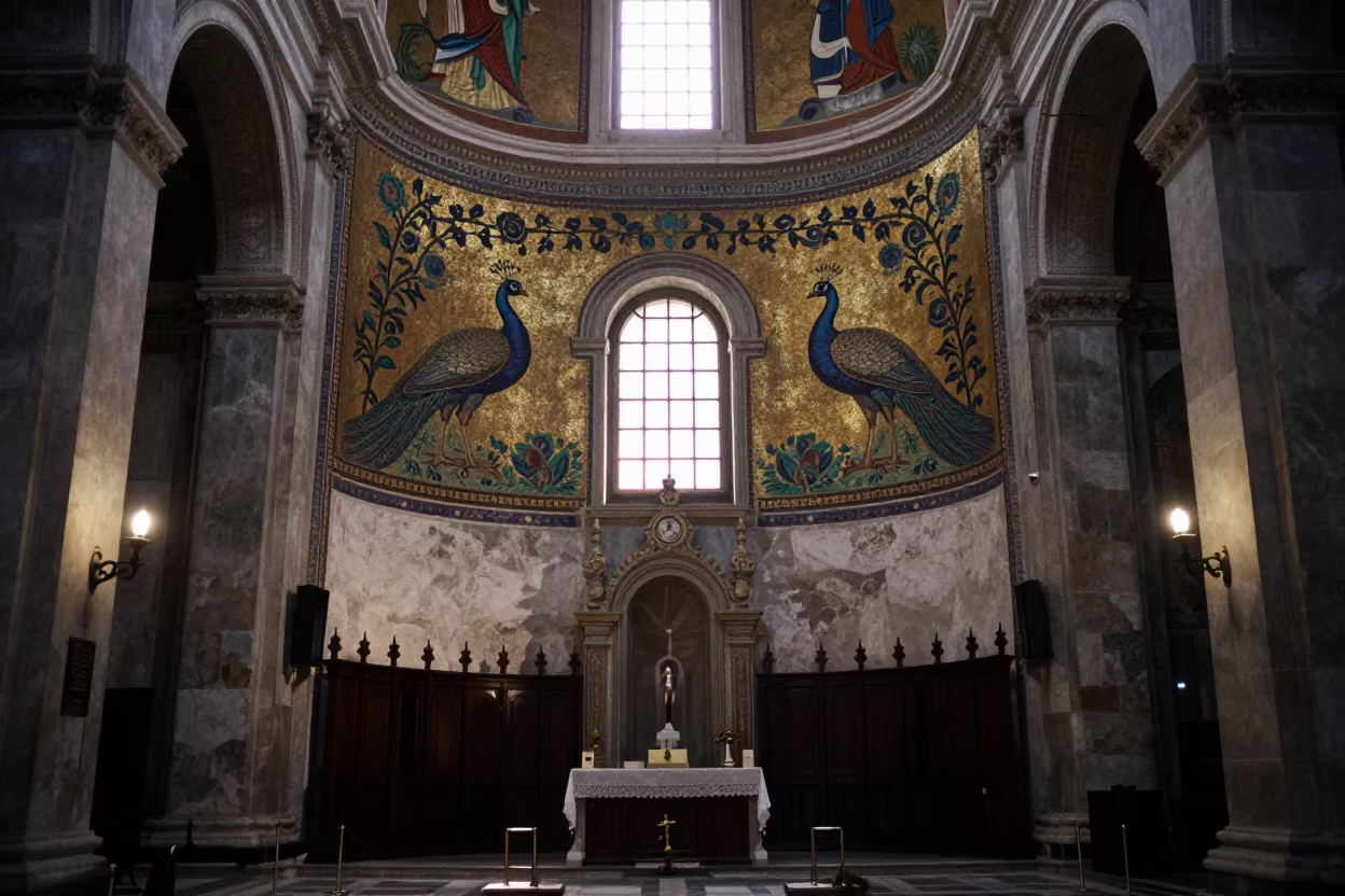 Candlelit Basilica Narthex Mosaics Catania in inside a candlelit nave in Catania
