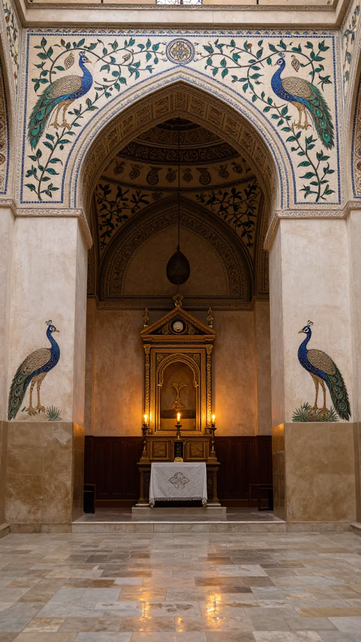 Candlelit Basilica Narthex with Peacock Mosaics in inside a candlelit nave in Kassala