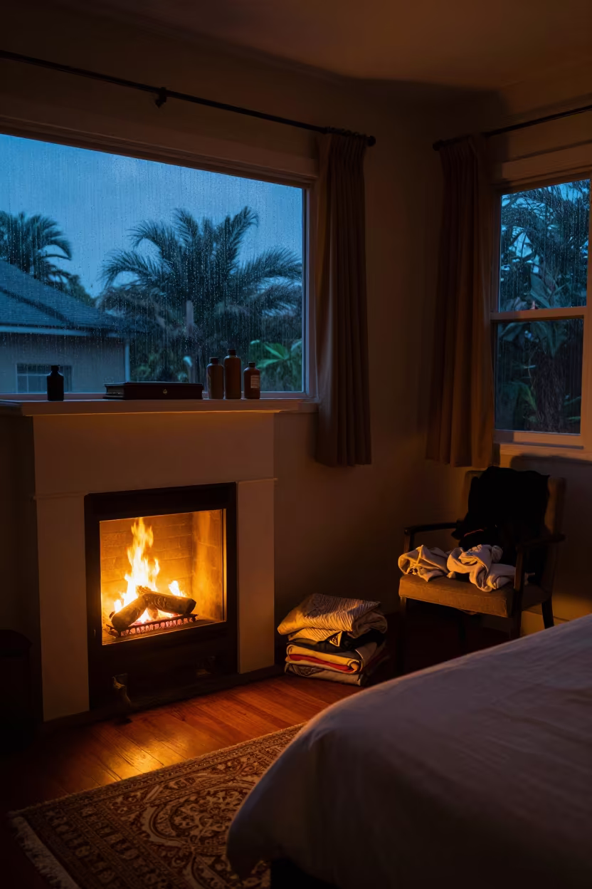 Candlelit Bedroom Hearth with Blankets at Dusk in Honiara in in a candlelit bedroom in Honiara