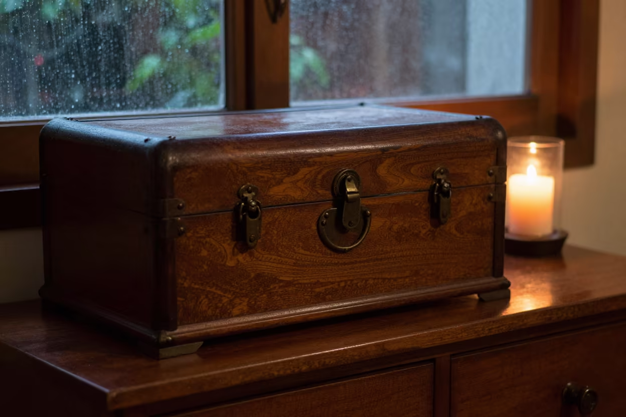 Candlelit Blanket Chest in Rainy Season Hotel in on a hotel dresser near Yogyakarta