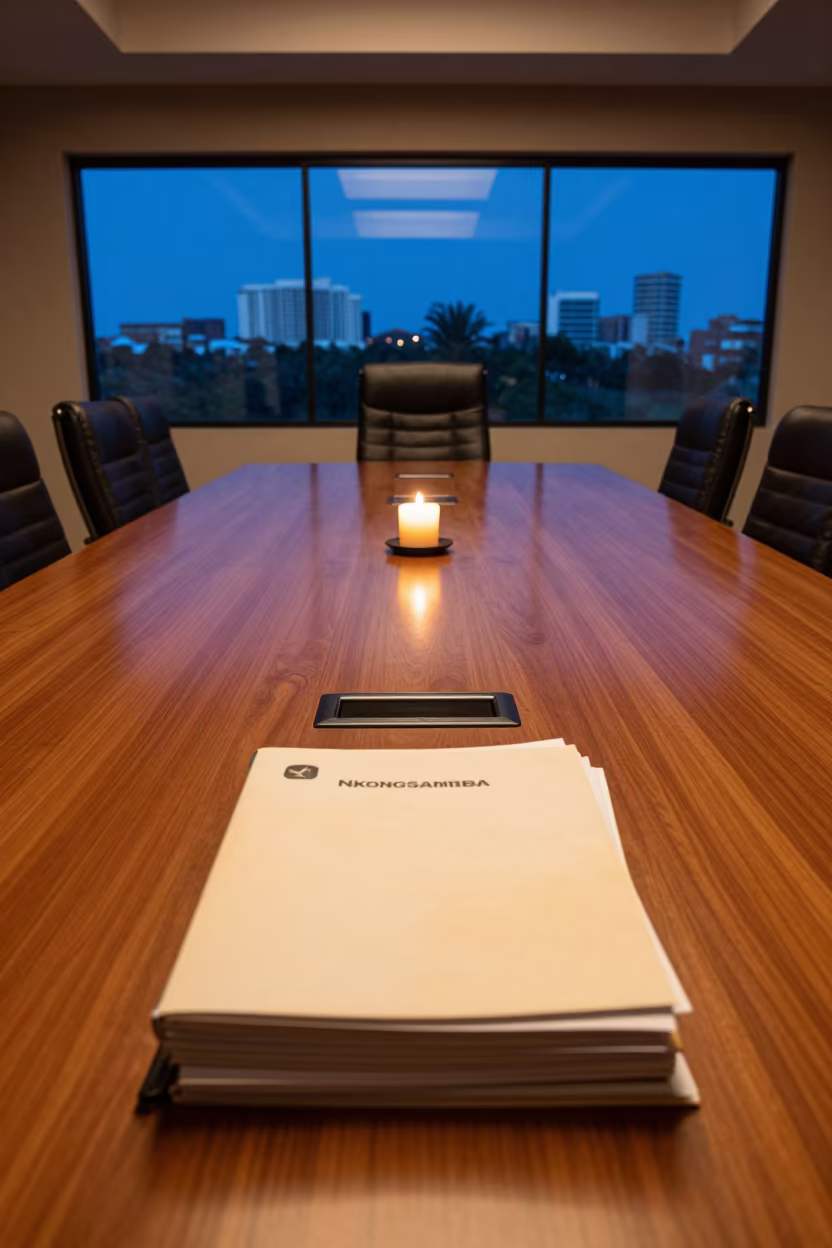 Candlelit Boardroom Meeting in Nkongsamba Office in at a boardroom table before a meeting in Nkongsamba