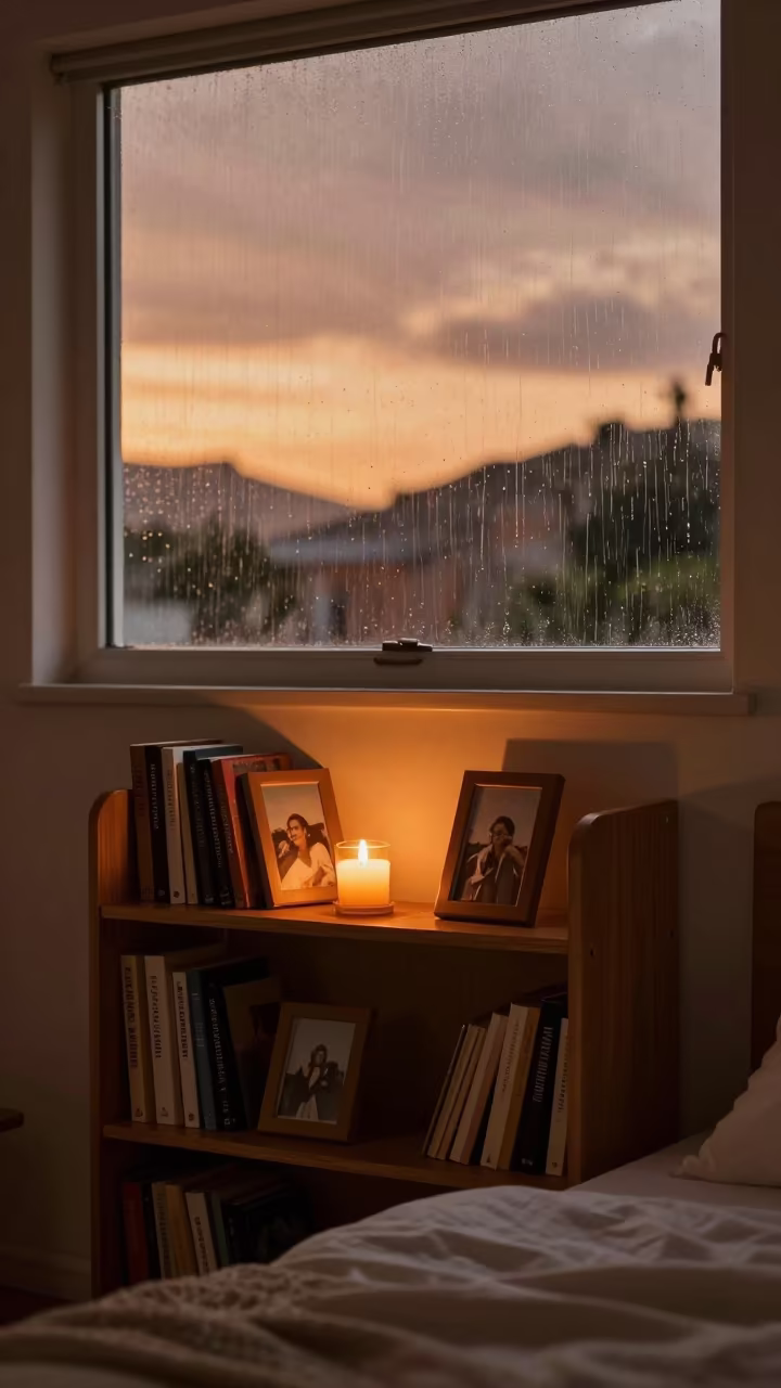 Candlelit Bookshelf with Photos in Ciudad Bolívar Bedroom in in a candlelit bedroom near Ciudad Bolívar