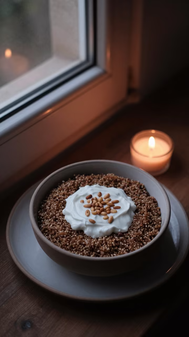 Candlelit Bowl of Fatteh with Yogurt and Pine Nuts in on a ceramic plate by a window in Jalingo