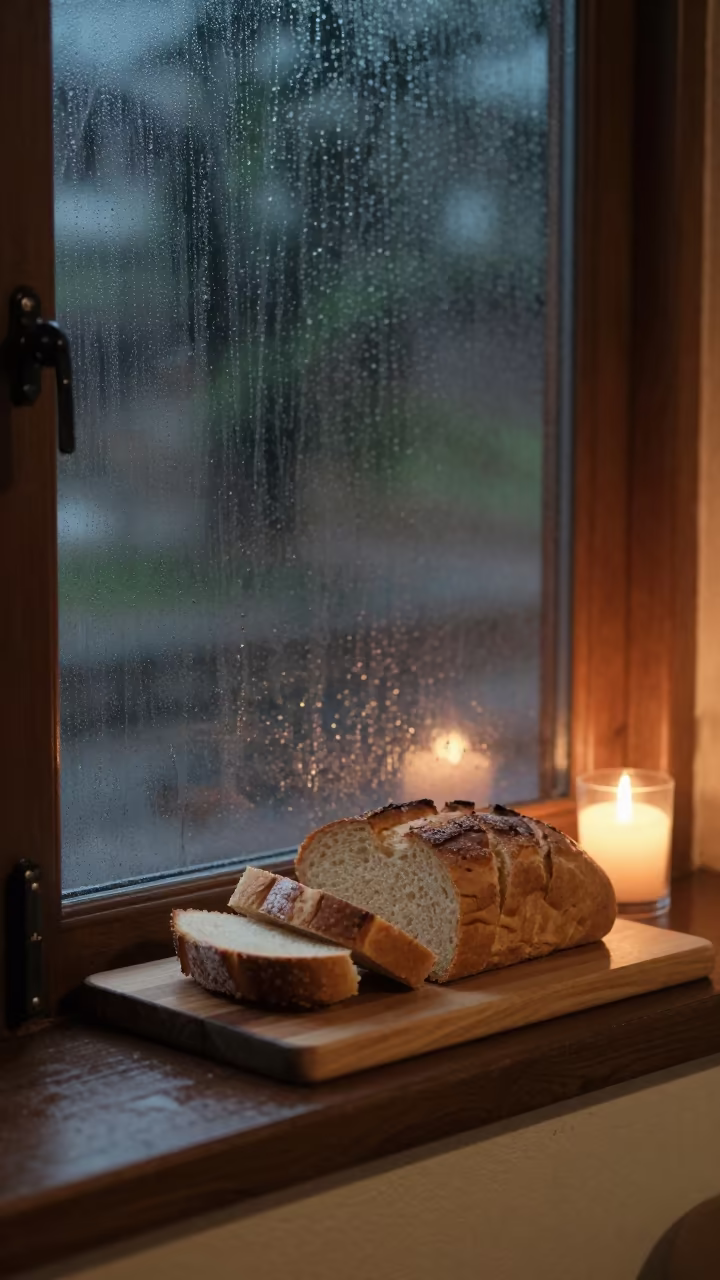 Candlelit Bread Board on Window Seat in Rainy Huacho Night in on a window seat near Huacho
