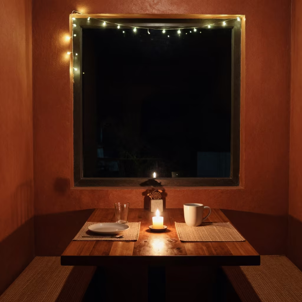 Candlelit Breakfast Nook Reflection at Night in in a breakfast nook in Visakhapatnam
