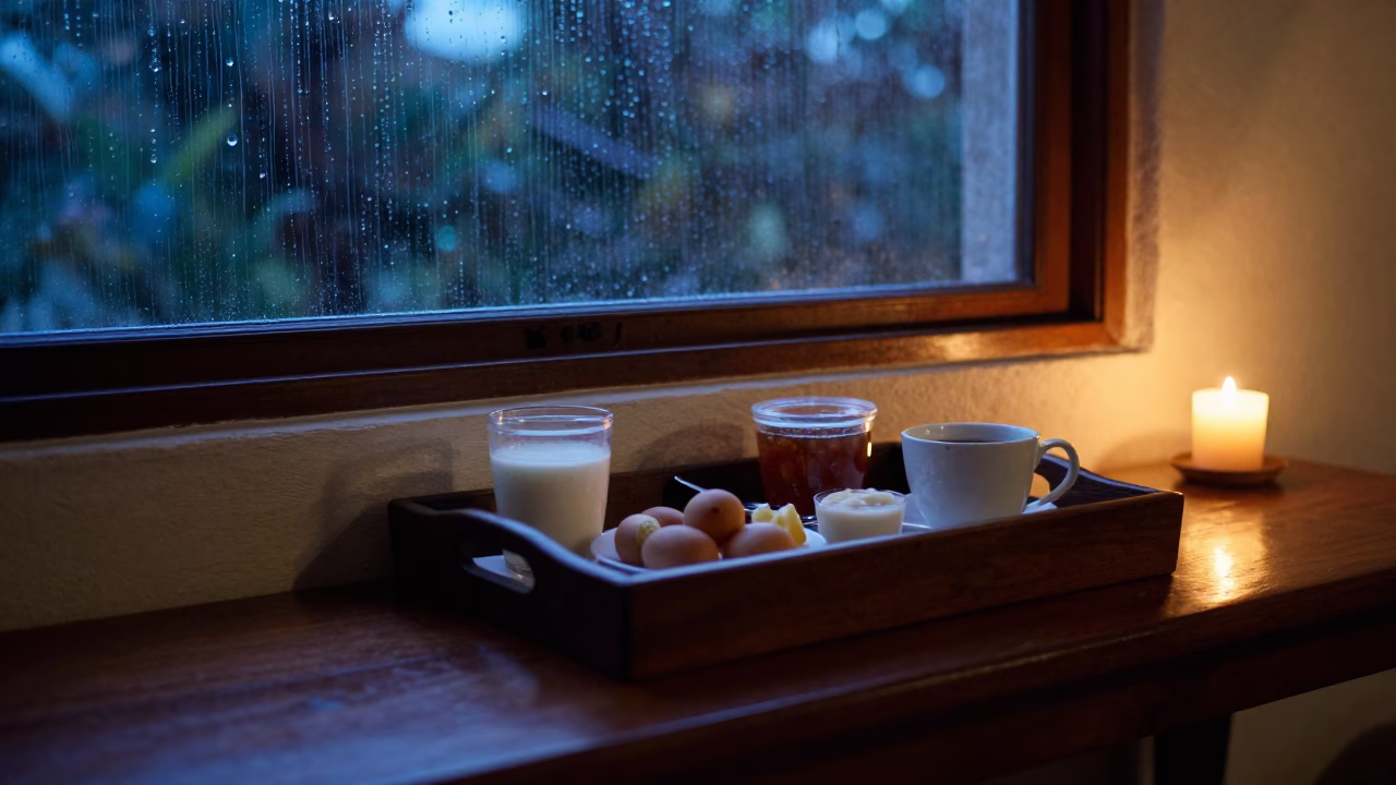 Candlelit Breakfast Tray on Kitchen Bench During Rain in in a candlelit bedroom in Puerto Vallarta