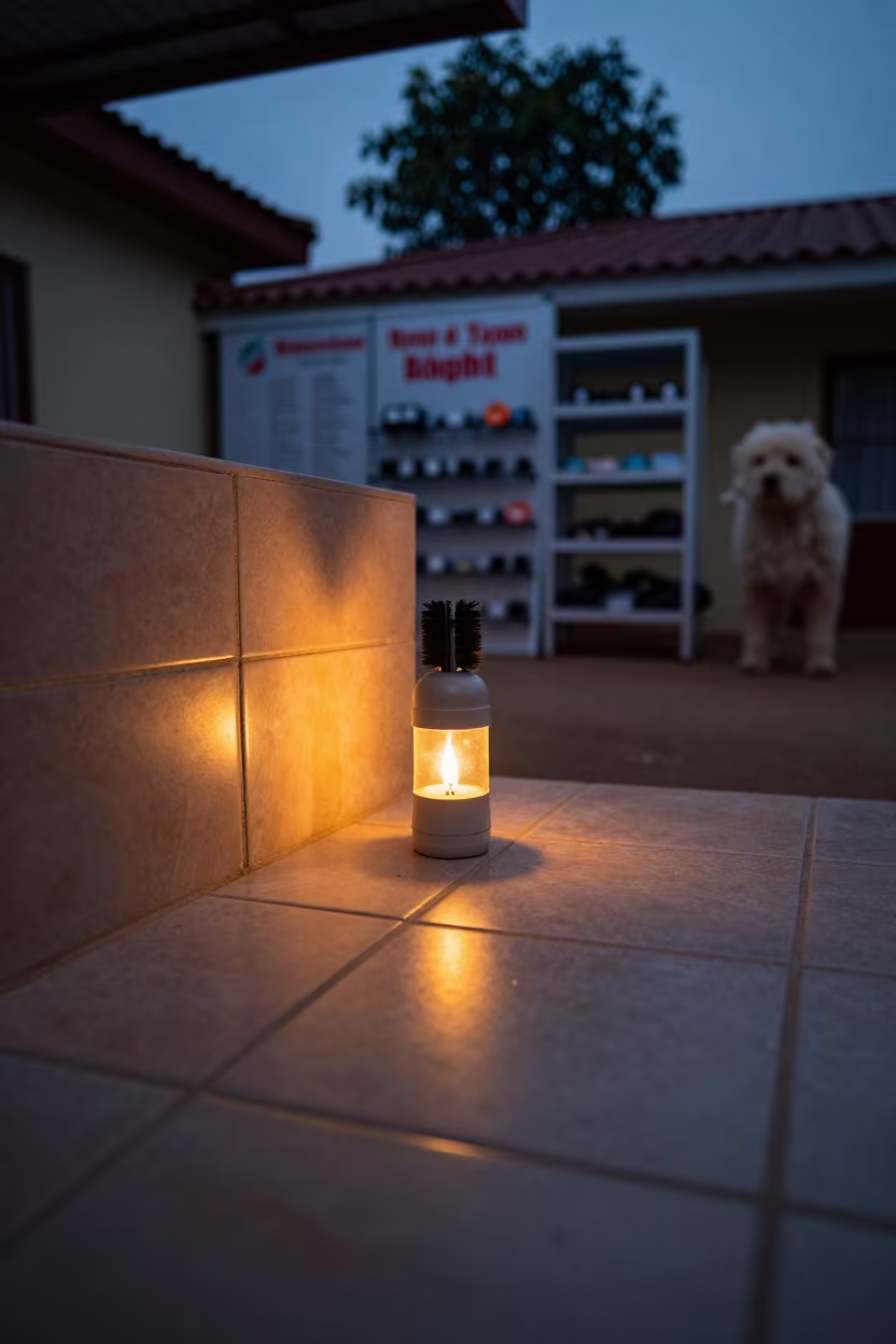 Candlelit Brush Cup Before Dawn at Osogbo Counter in inside a fish bagging counter zone in Osogbo