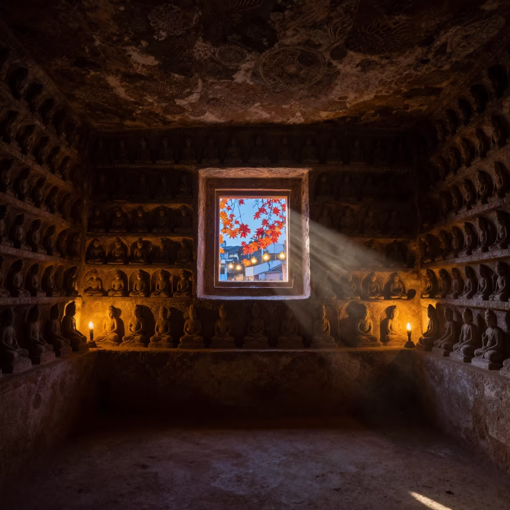 Candlelit Buddhist Cave Temple with Seated Figures in inside a candlelit nave in La Banda, Santiago del Estero