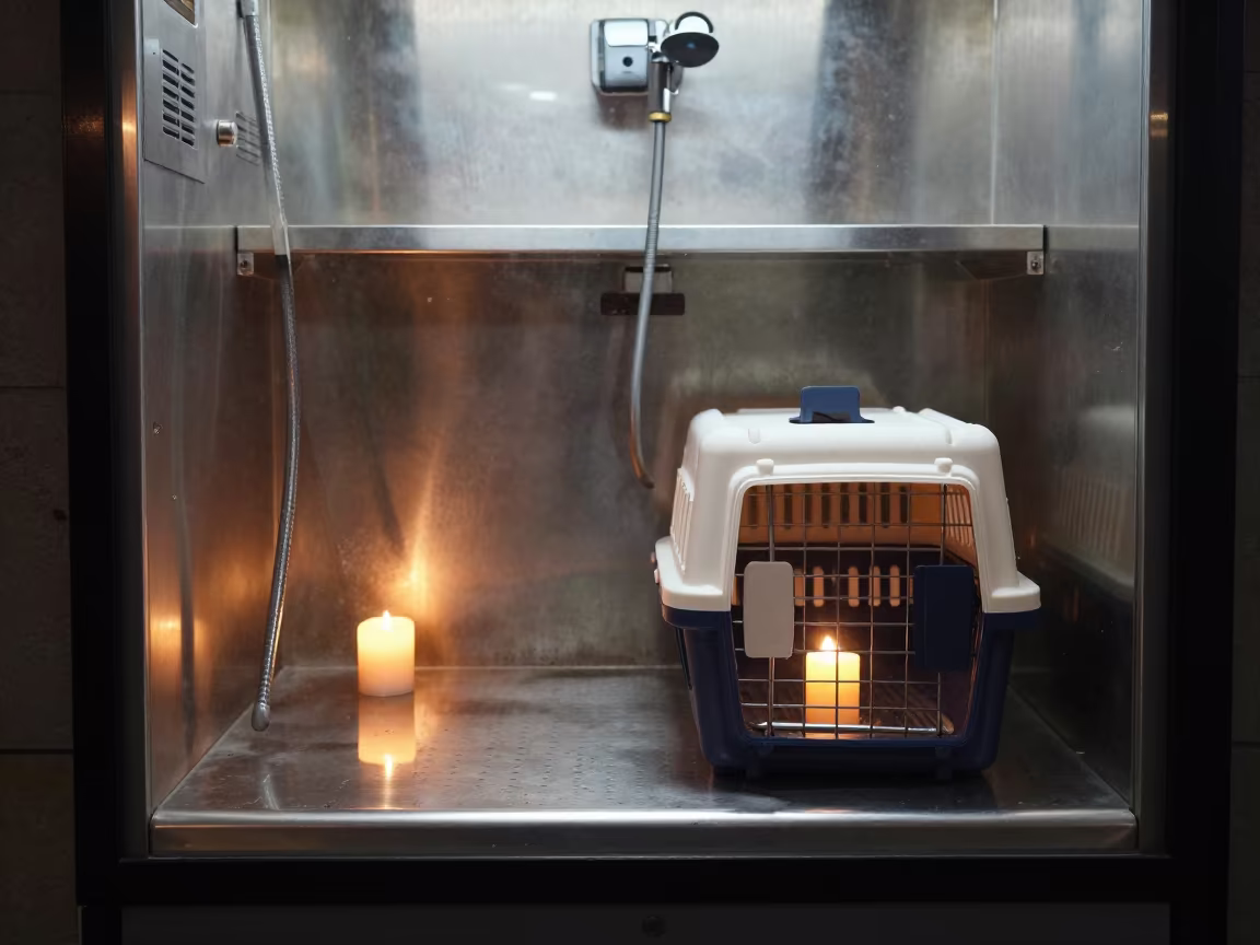 Candlelit Cat Carrier Shelf Midnight Chongqing in at a self-serve dog wash station in Chongqing