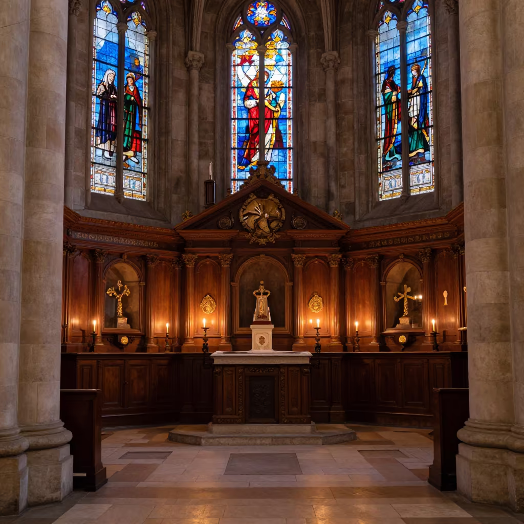 Candlelit Cathedral Relic Chapel Ambulatory in in a chapel lit by stained glass in Łódź