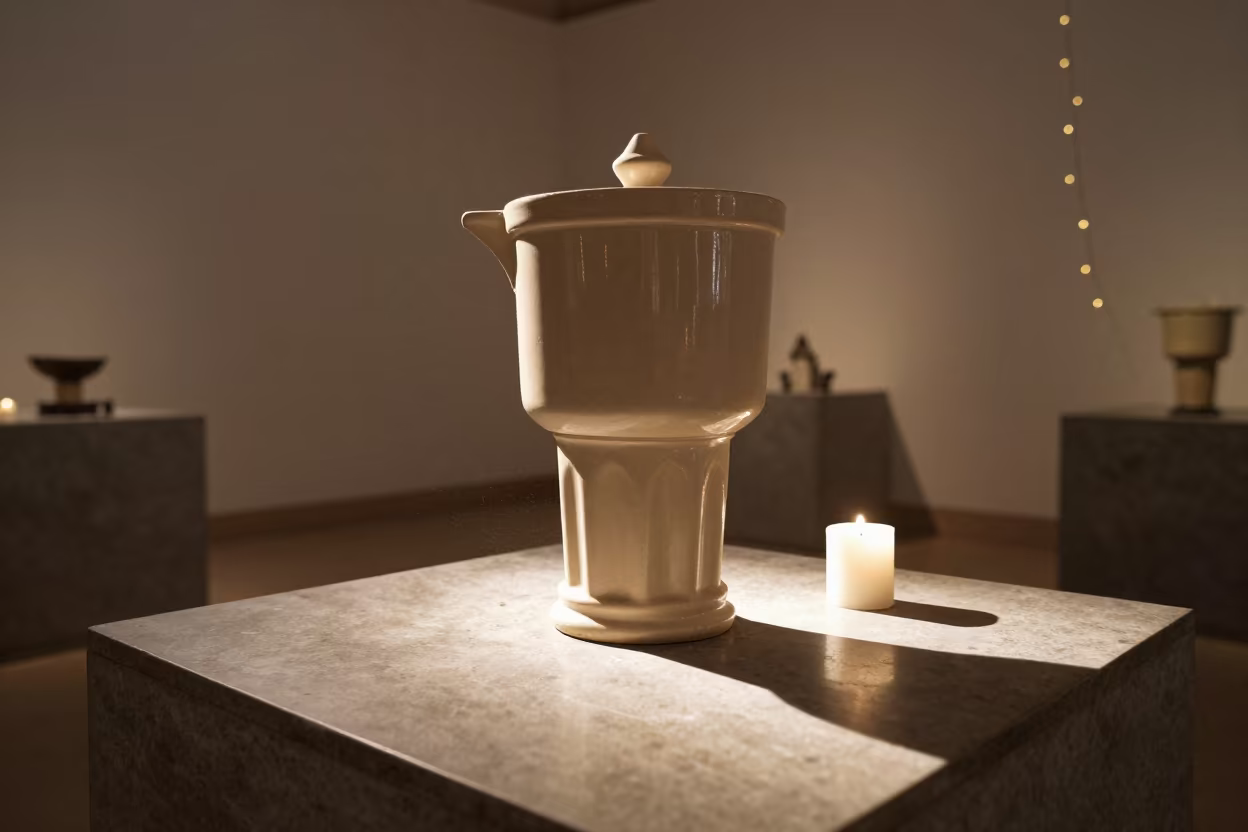 Candlelit Ceramic Water Filter on Museum Plinth in on a museum plinth in Rajkot