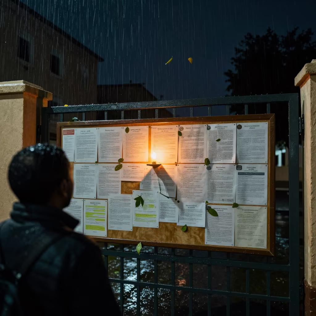 Candlelit Civic Board at School Gate in Djelfa in at a crosswalk by a school gate in Djelfa