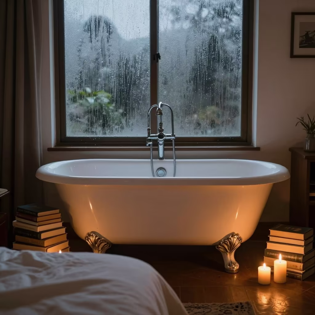 Candlelit Clawfoot Tub and Books in Kampala Bedroom in in a candlelit bedroom in Kampala