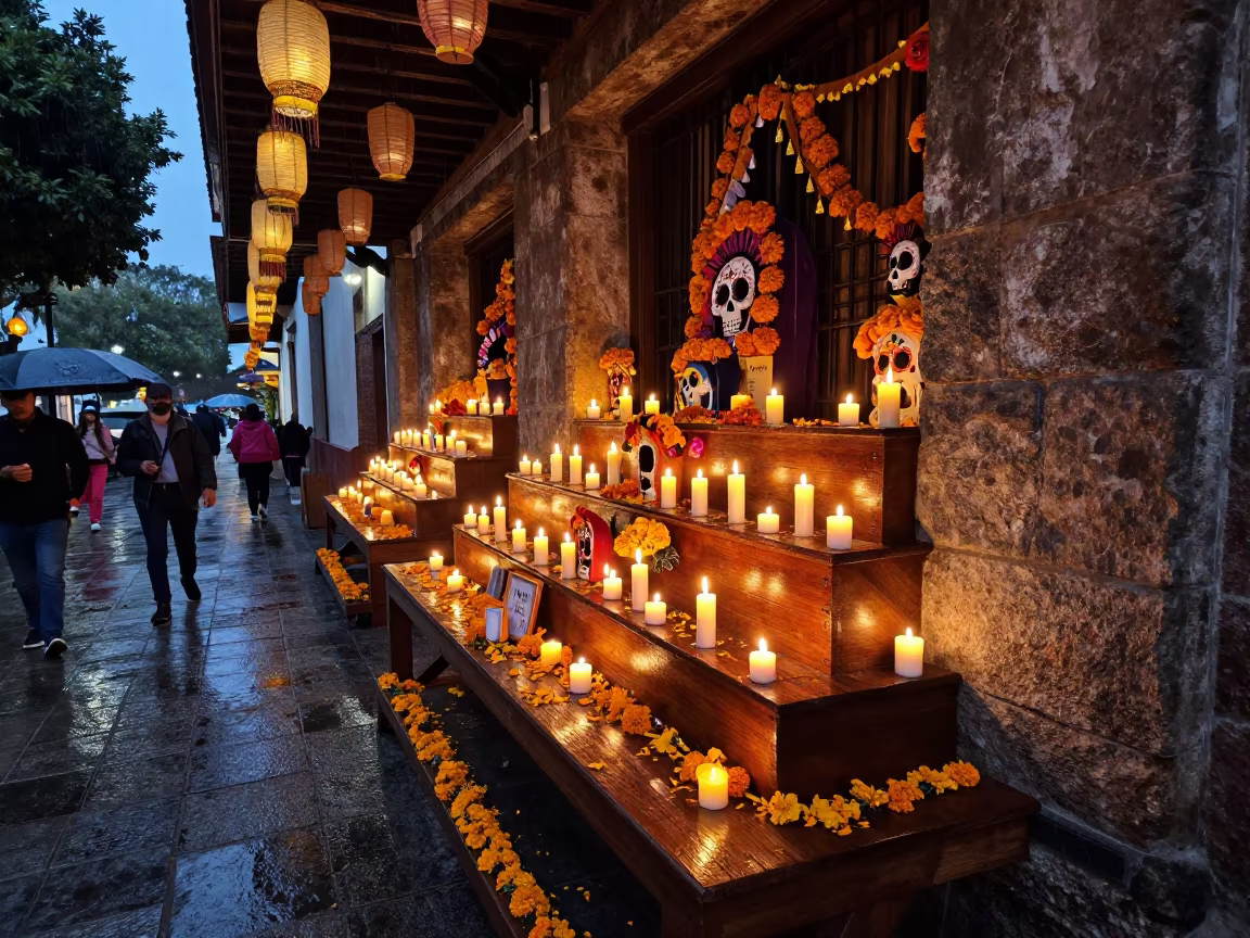 Candlelit Day of the Dead Altar in Puebla Shrine in in a shrine lined with lanterns near Puebla