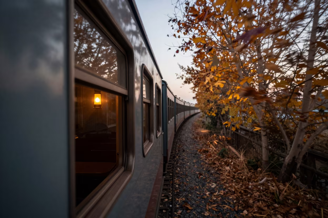 Candlelit Dining Car Window on Autumn Causeway in on a wind-open causeway near Tobruk
