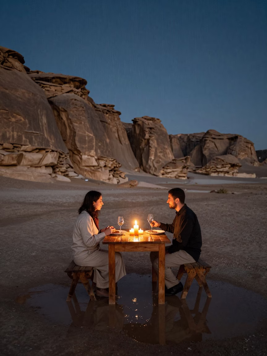 Candlelit Dinner Under Desert Escarpment at Midnight in beneath a wind-cut desert escarpment near Mazar-i-Sharif