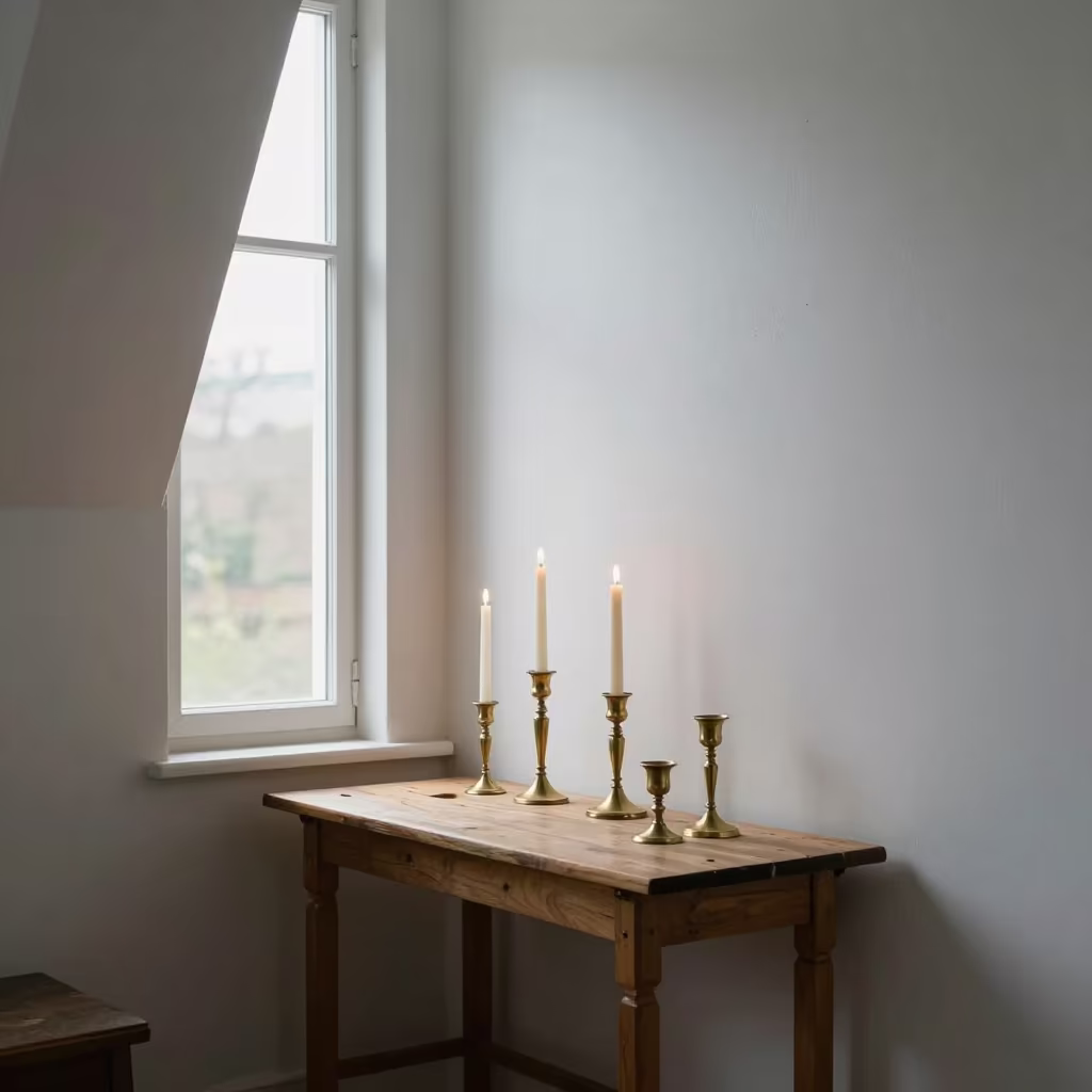Candlelit Dinner Table on Workshop Shelf in on a workshop shelf in Dolisie