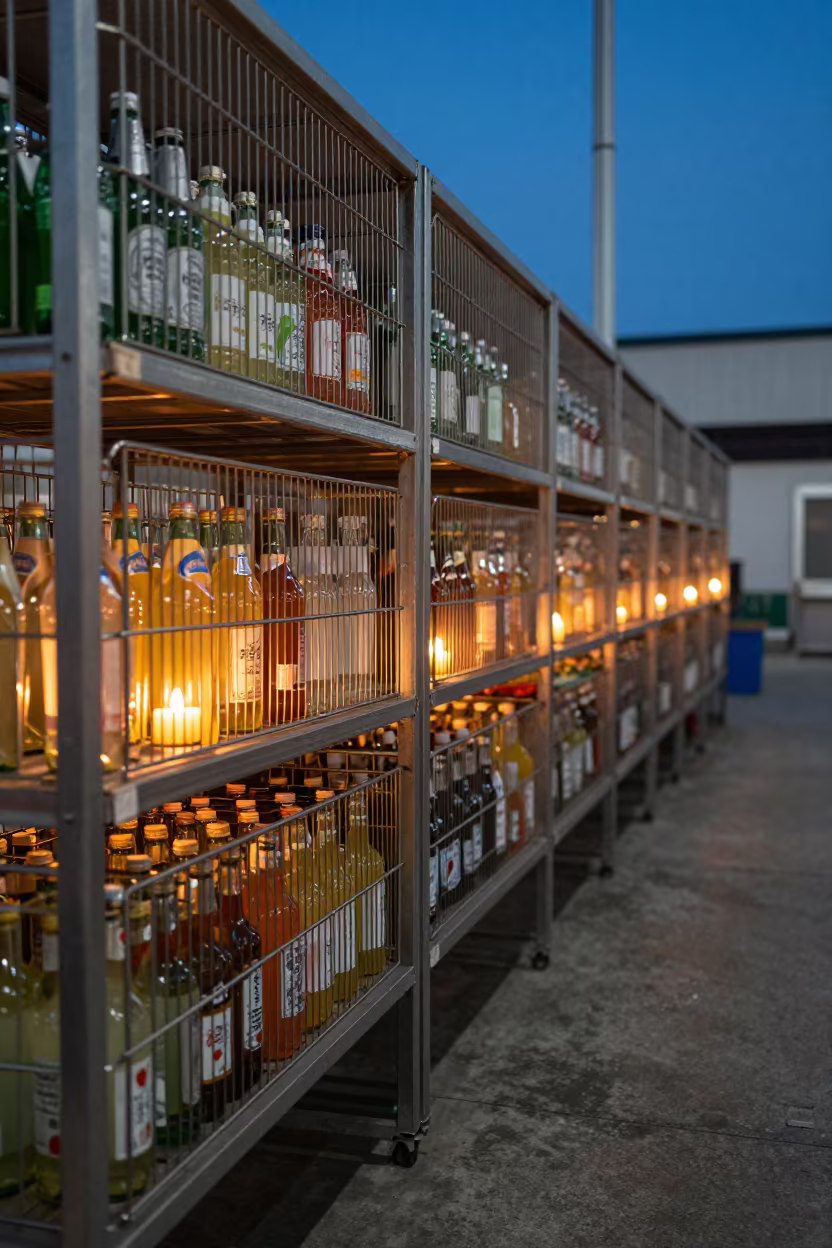 Candlelit Drink Cage at Osaka Packing Station in at a fulfillment packing station near Osaka