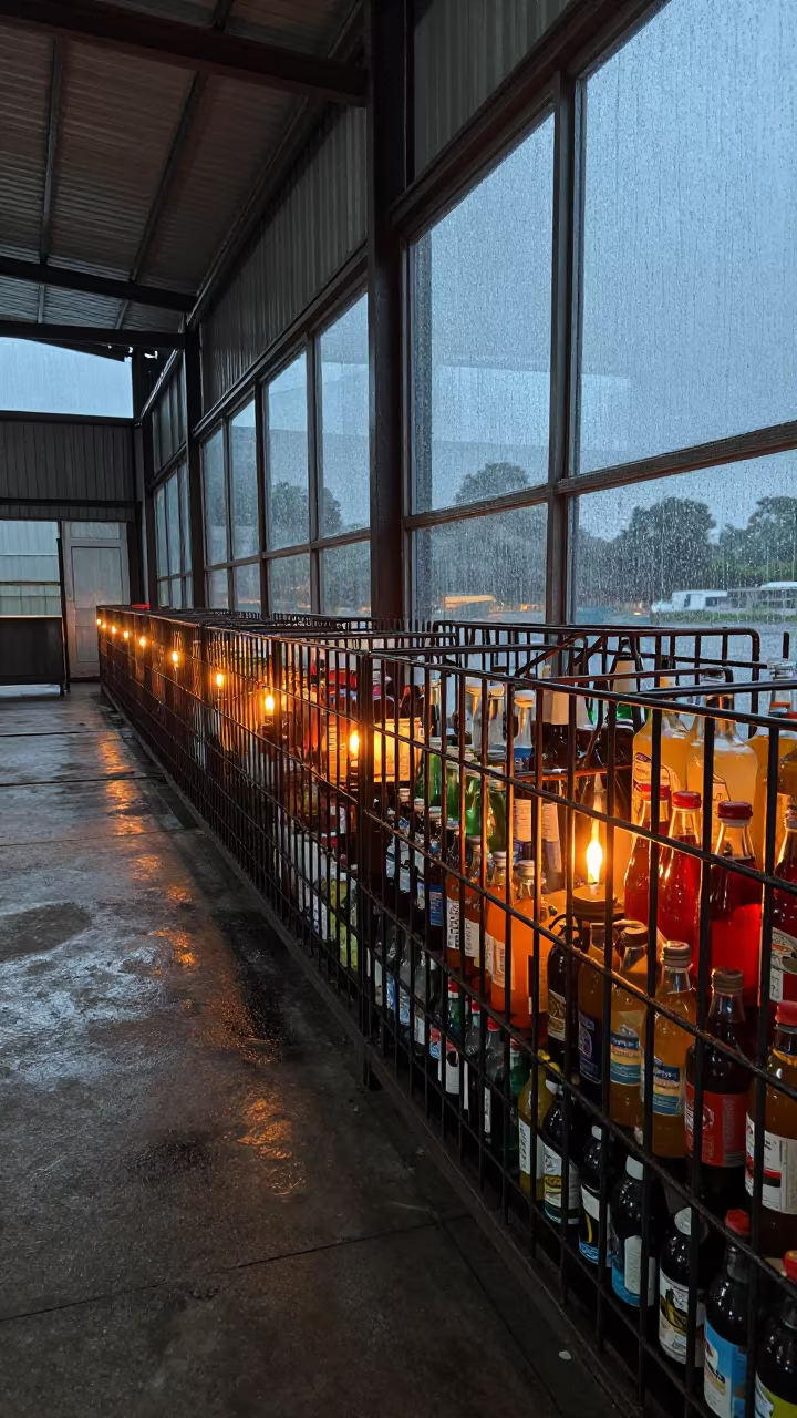 Candlelit Drink Distribution Cage in Dakar Warehouse in inside a dispatch office above the dock near Keur Massar Sud