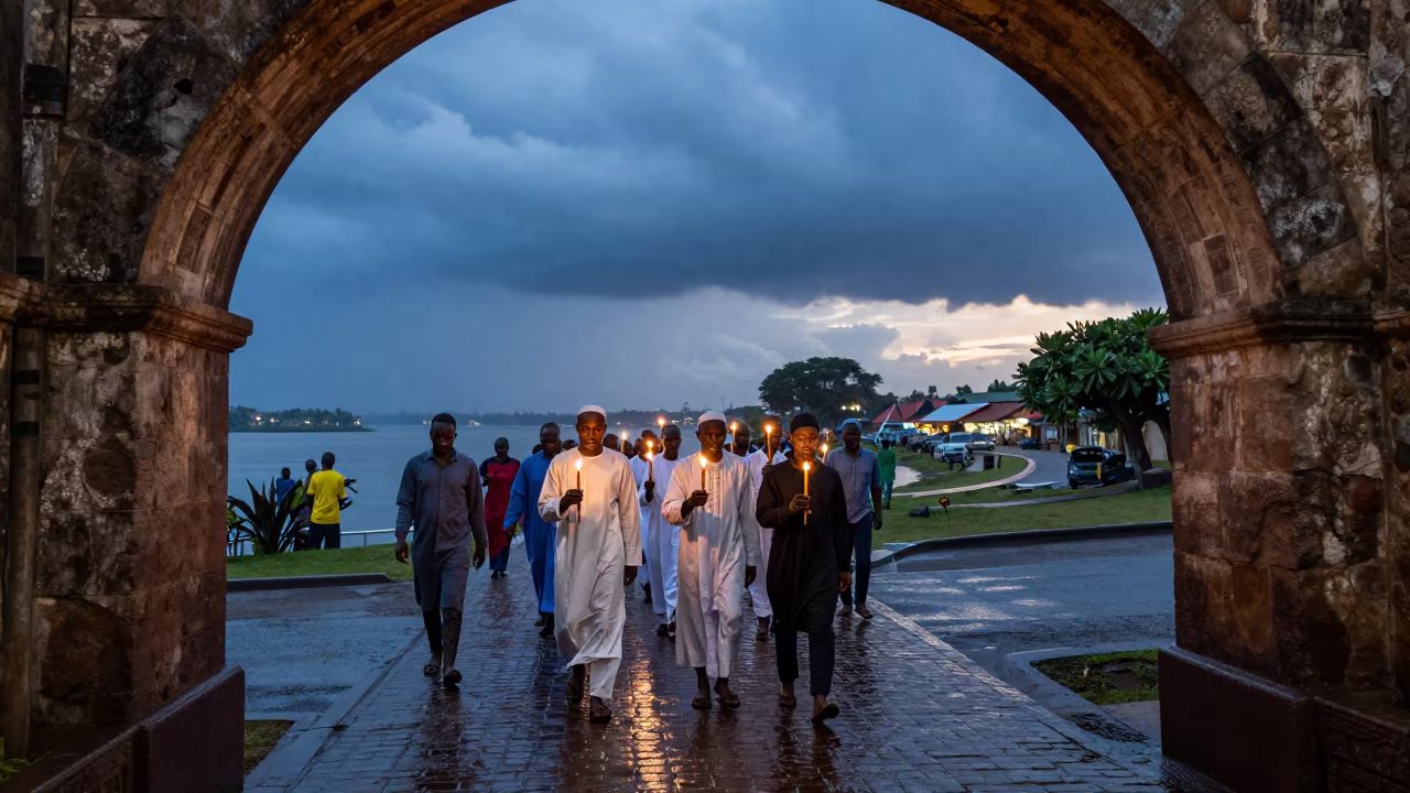 Candlelit Easter Procession Juba Waterfront Blue Hour in at a waterfront celebration in Juba