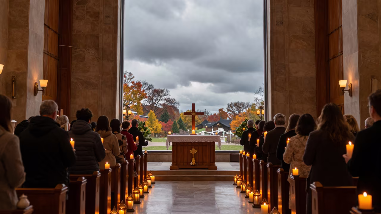 Candlelit Easter Vigil Mass in Autumn Shrine in in a shrine lined with lanterns in Minneapolis