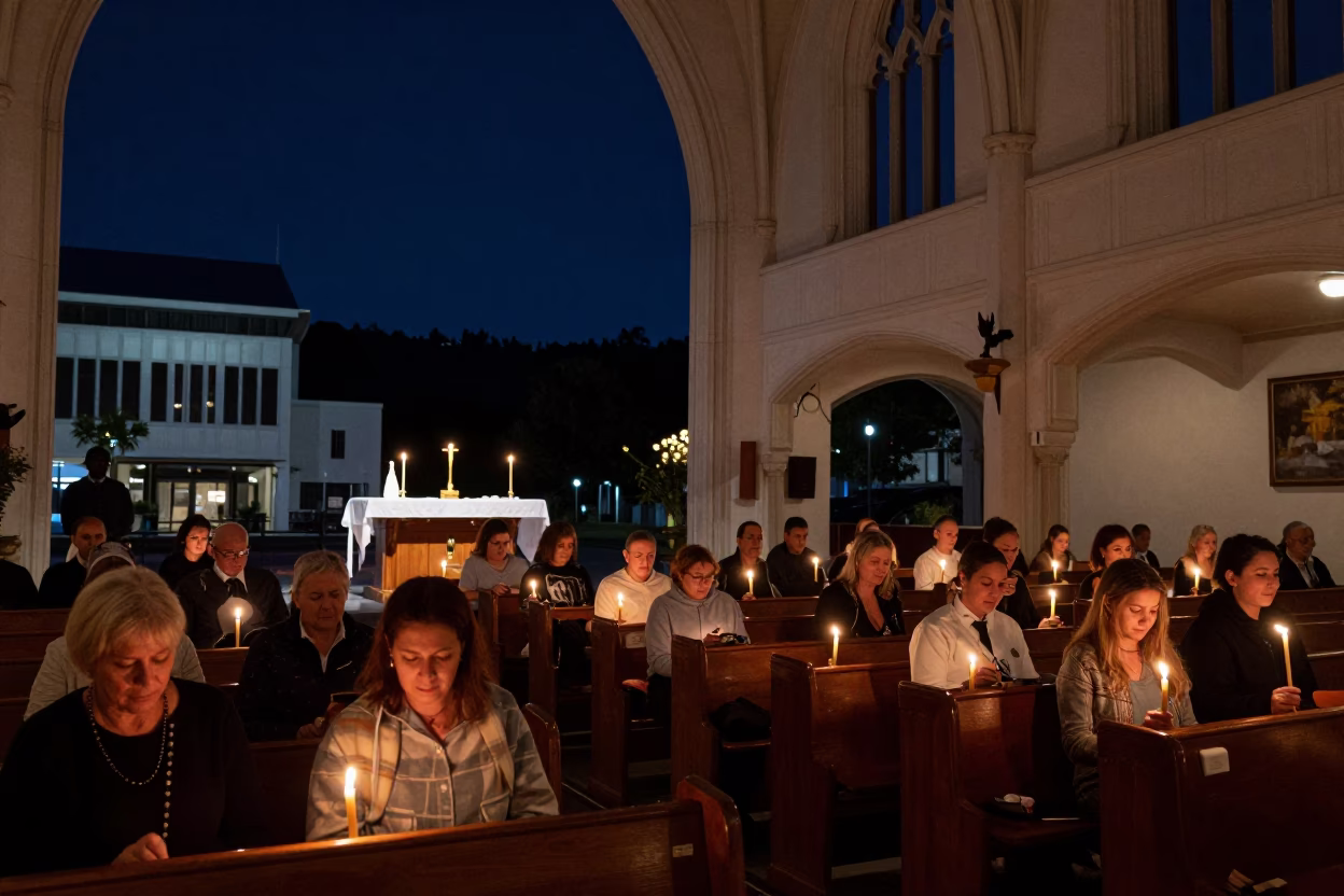 Candlelit Easter Vigil Mass Interior in Wellington New Zealand Night in in Wellington, New Zealand