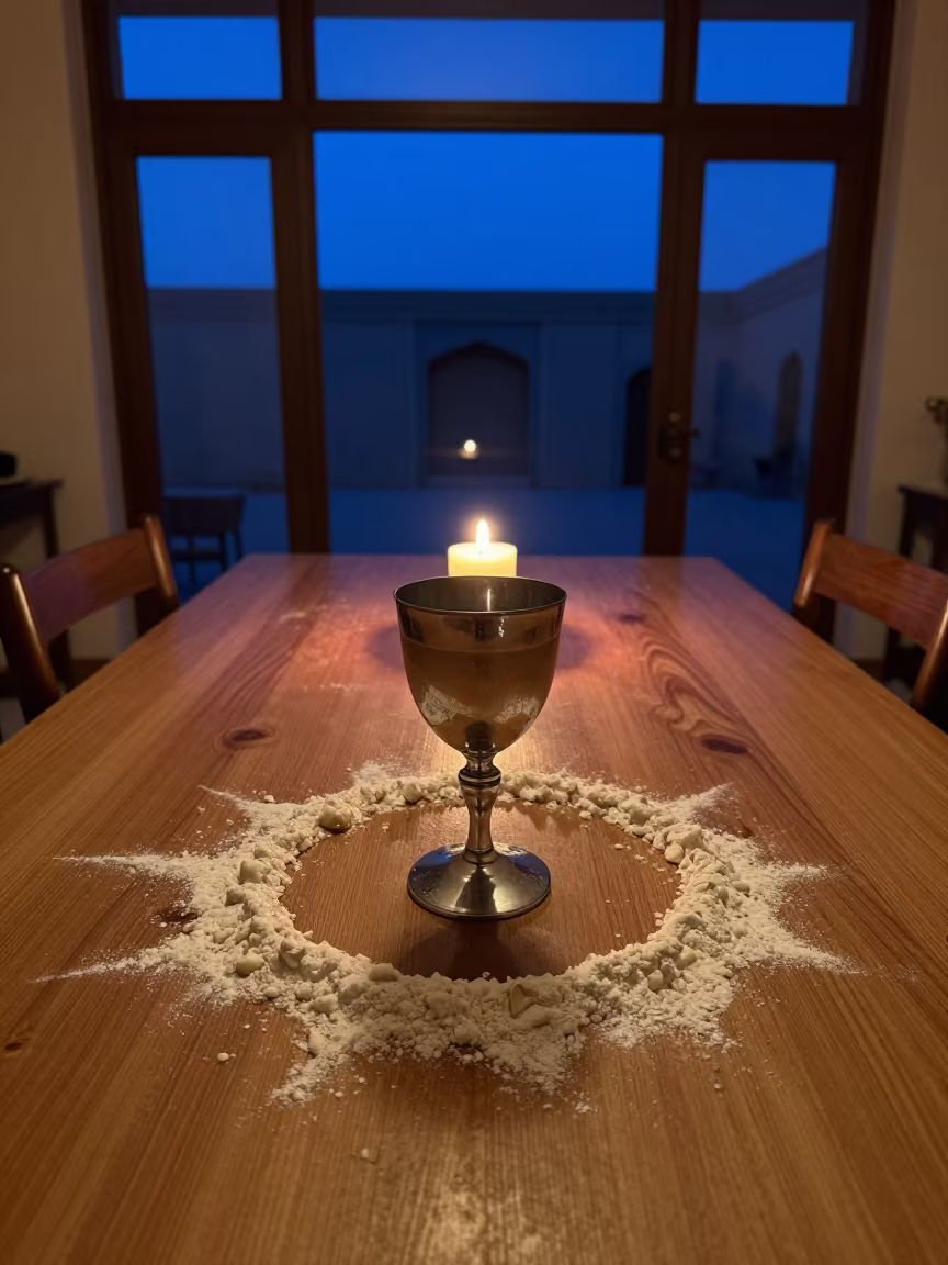 Candlelit Goblet on Oak Table in Az Zubr in on a workshop shelf in Az Zubayr