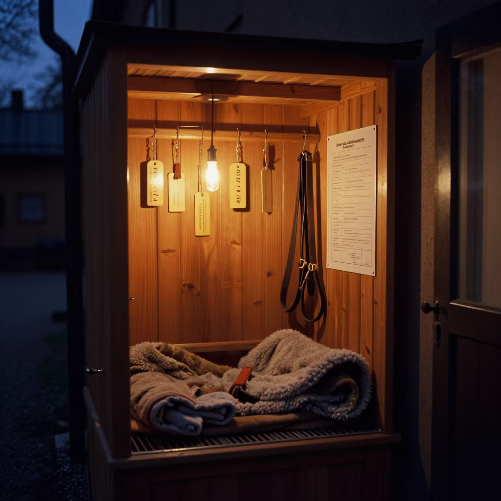 Candlelit Grooming Shelf in Uppsala Kennel at Twilight in in a boarding kennel corridor near Uppsala