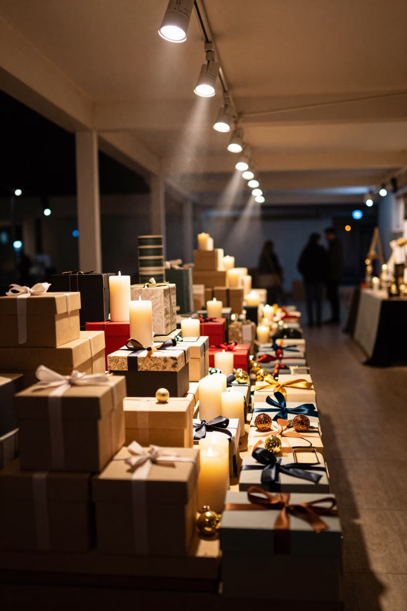 Candlelit Holiday Retail Table in Olmaliq Store in beside a seasonal endcap near the sales floor in Olmaliq