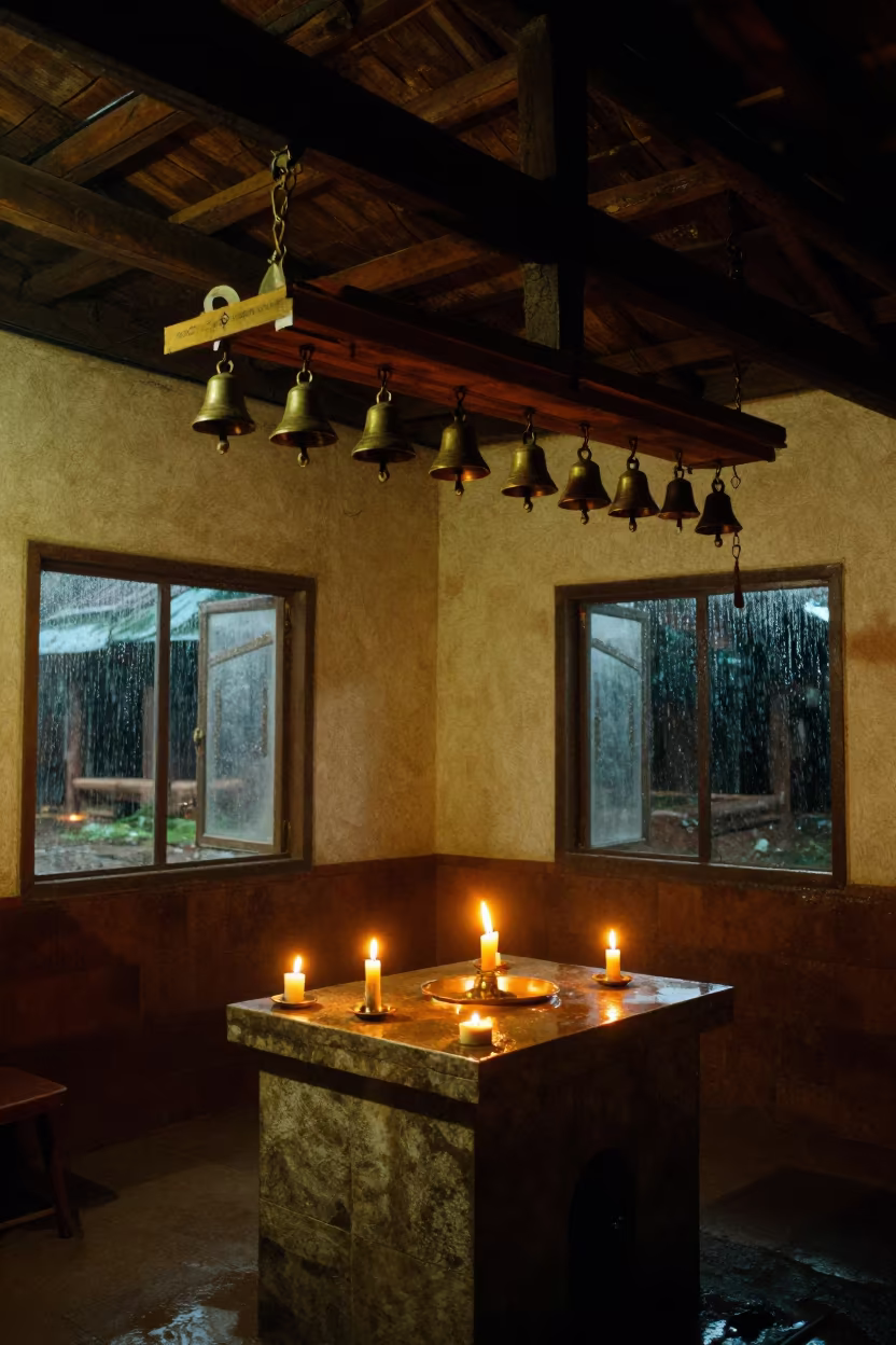 Candlelit Icon Shelf and Bells in Jos Night in at the foot of a stone altar in Jos