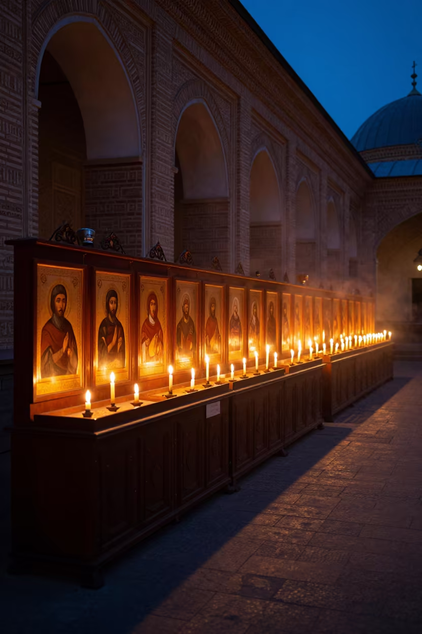 Candlelit Icons in Aktobe Orthodox Cloister in inside a quiet cloister passage in Aktobe