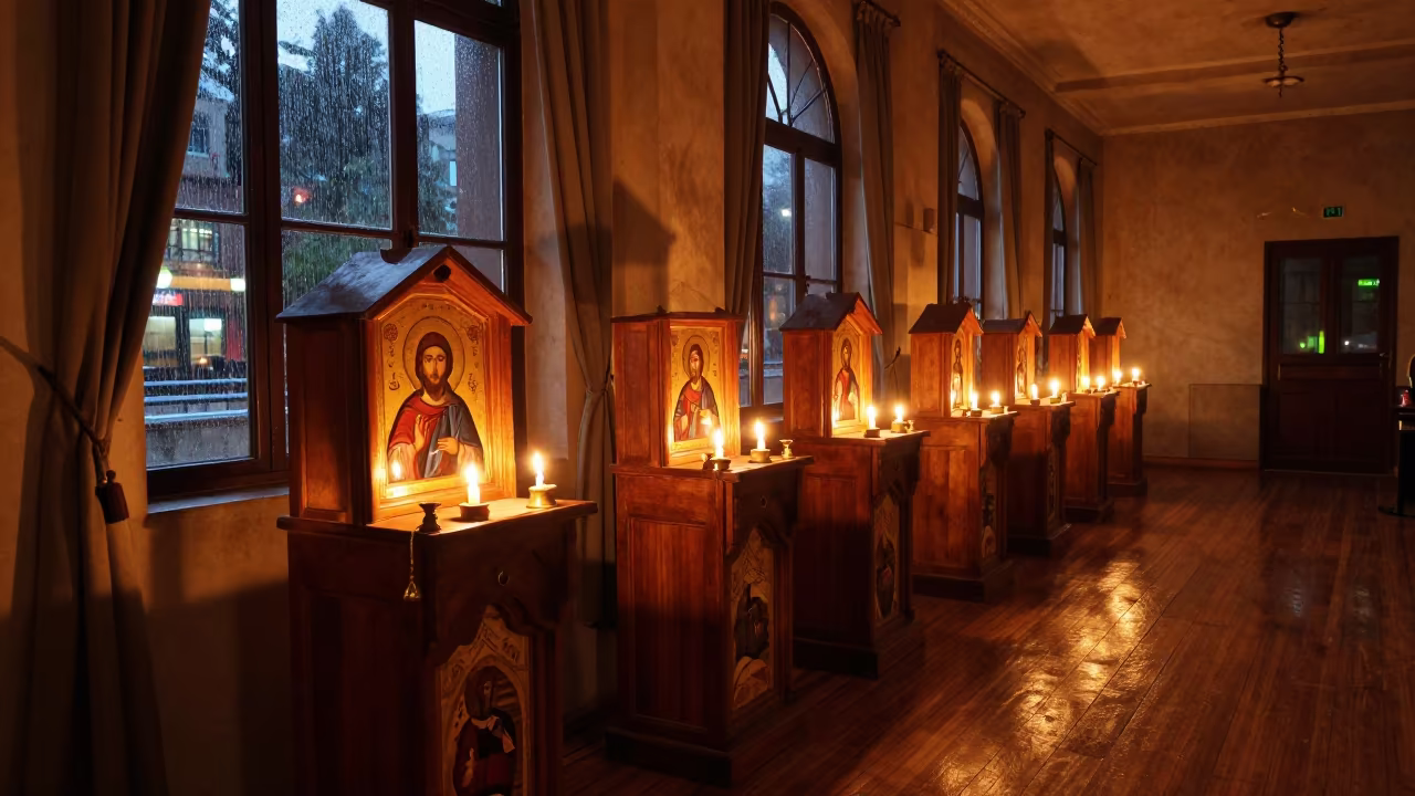 Candlelit Icons in Ikeja Chapel Rainy Season in inside a quiet cloister passage in Ikeja