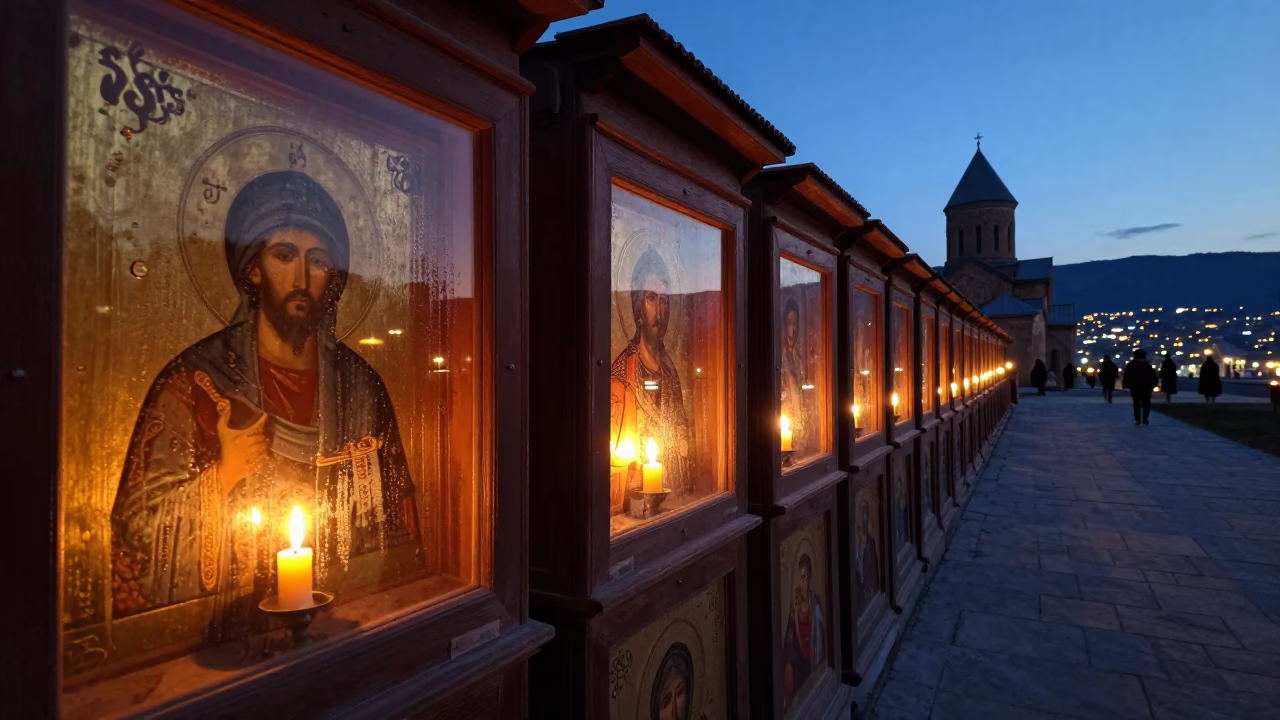 Candlelit Icons in Kutaisi Monastery Corridor in along a monastery corridor in Kutaisi