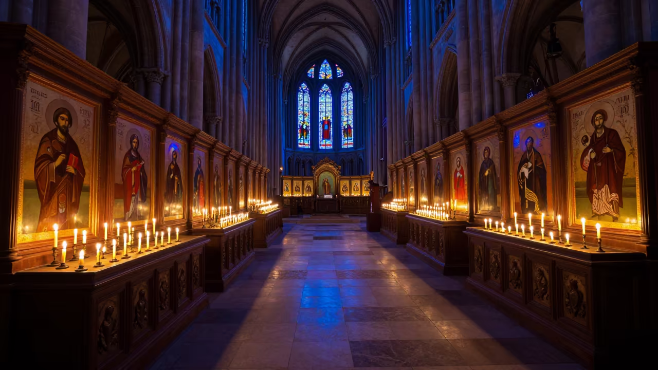Candlelit Icons in Paris Abbey Nave in inside a candlelit abbey nave in Saint-Germain-des-Pres, Paris