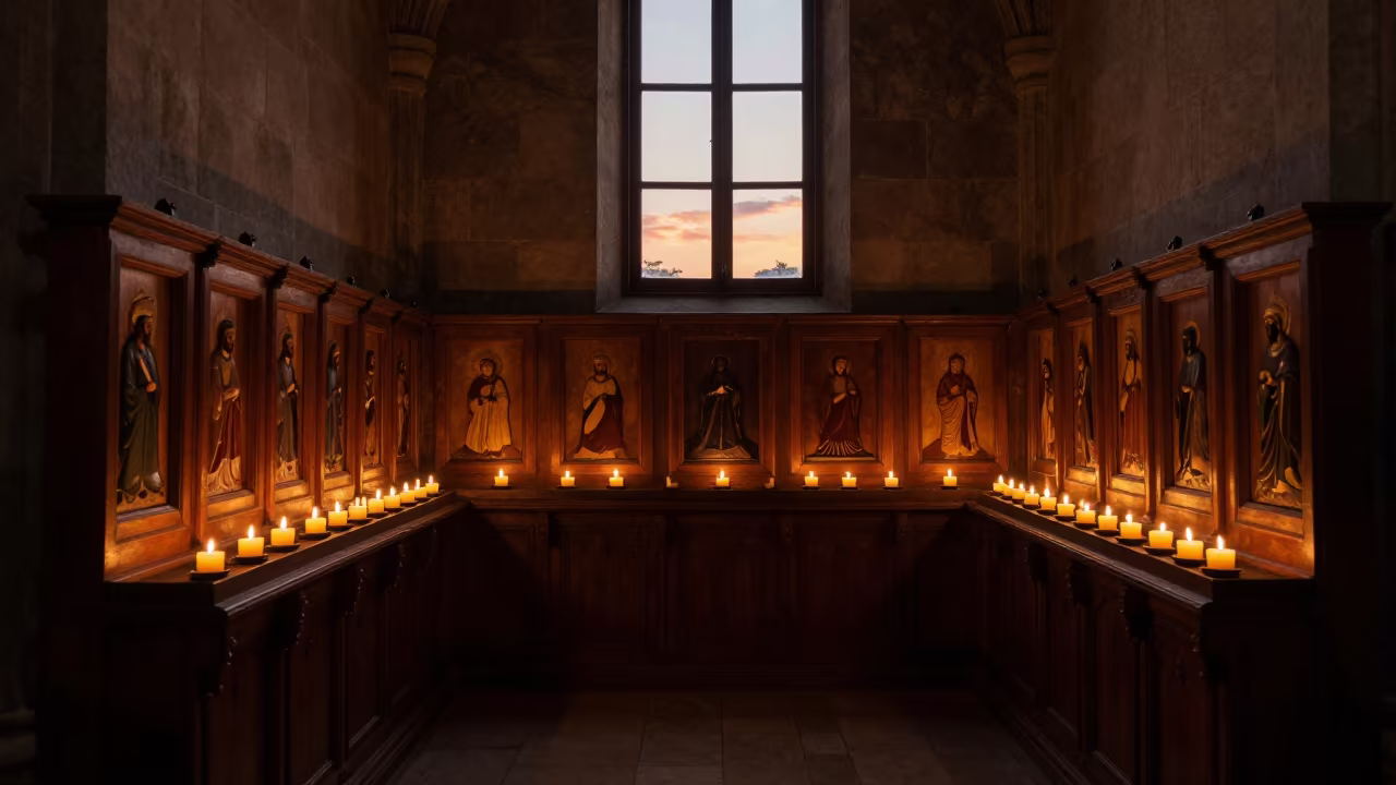 Candlelit Icons in Phrae Abbey Nave at Sunset in inside a candlelit abbey nave in Phrae