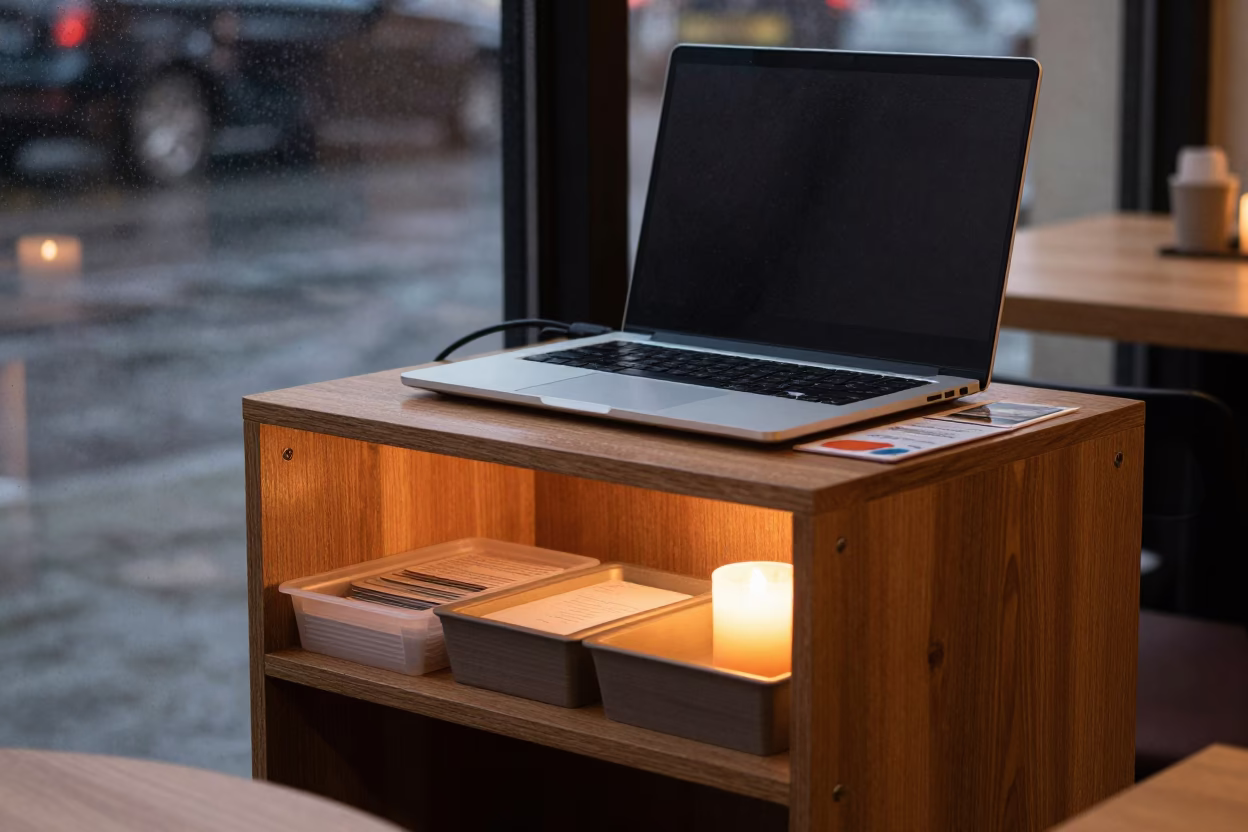 Candlelit Loaner Laptop Cabinet on Harar Cafe Table in on a cafe table by a window in Harar