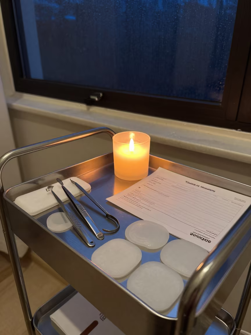Candlelit Lash Studio Prep Cart Near Taloqan in inside a skincare treatment room near Taloqan