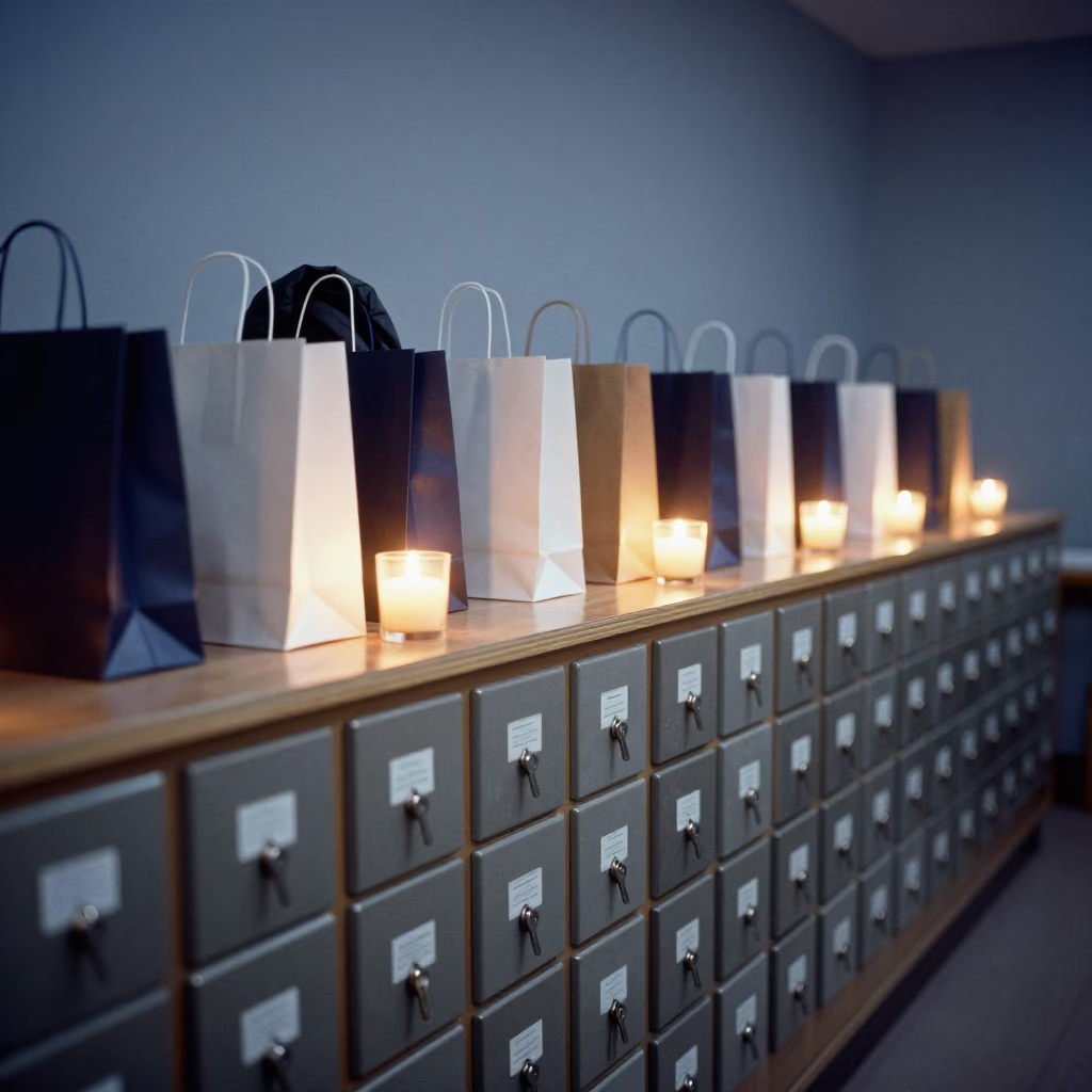 Candlelit Locker Key Drawer at Cash Wrap in at a cash wrap counter with bags stacked nearby in Cali