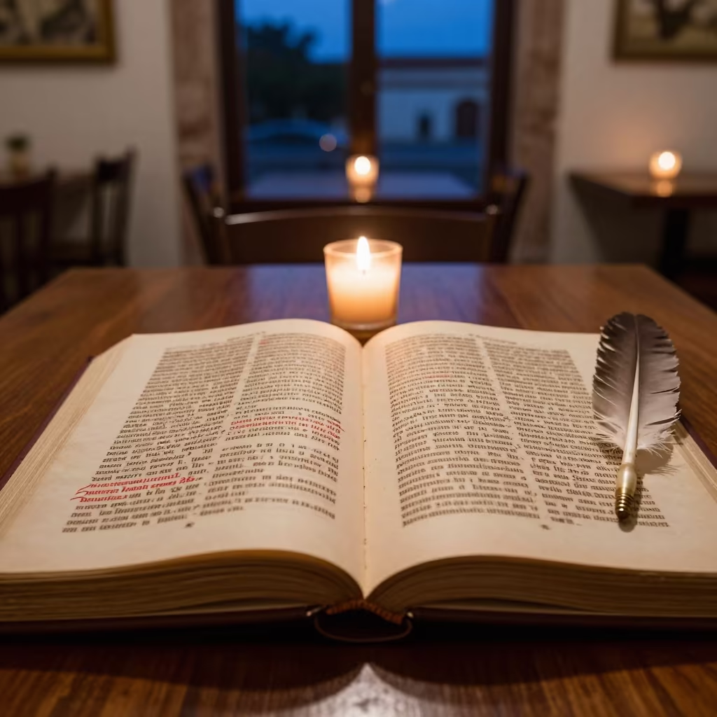 Candlelit Manuscript on Campeche Cafe Table in on a cafe table by a window in San Francisco de Campeche