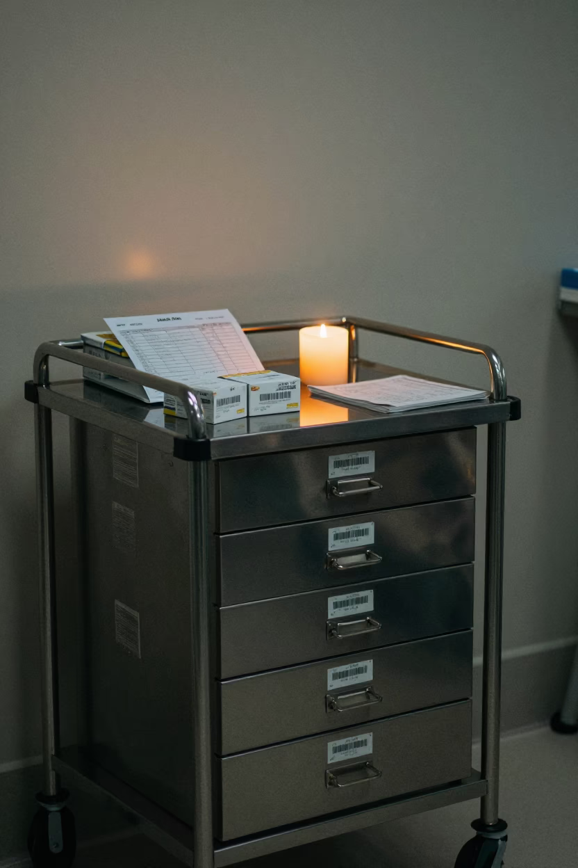Candlelit Medication Cart in Belo Horizonte Night in in a surgical prep area near Belo Horizonte