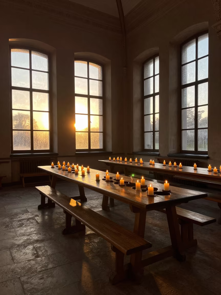 Candlelit Monastery Refectory Sunset Uppsala in along a monastery corridor in Uppsala