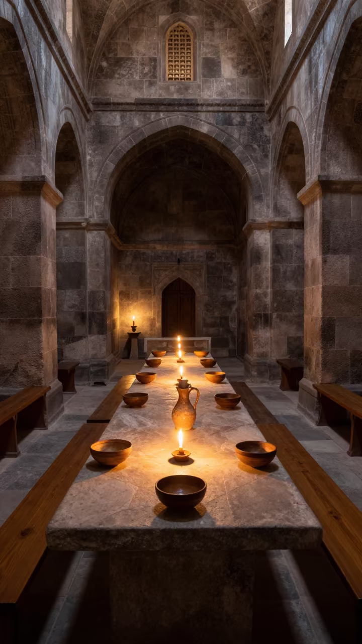 Candlelit Monastery Table in Stone Chapel in inside a stone chapel in Tokat