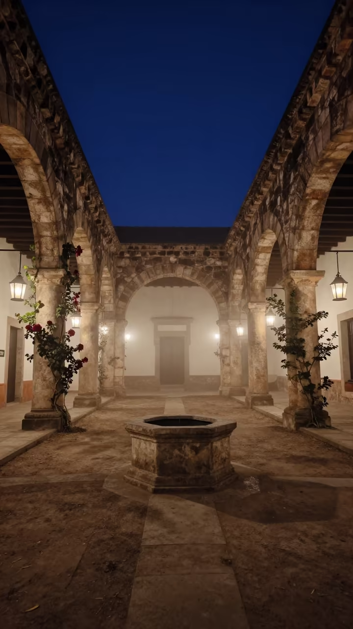 Candlelit Monastery Well Under Stone Arcade at Night in beneath a stone arcade in an abbey court in Nicaragua