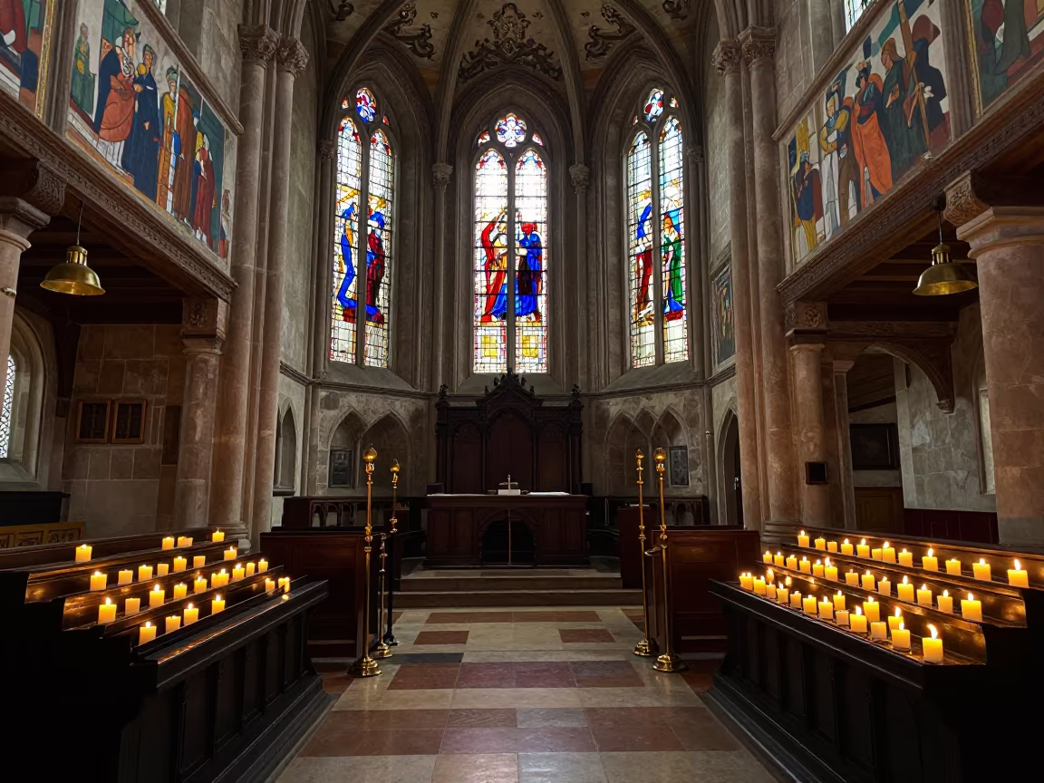 Candlelit Nave Stained Light Ladakhi Monastery in inside a candlelit abbey nave in Pokhara