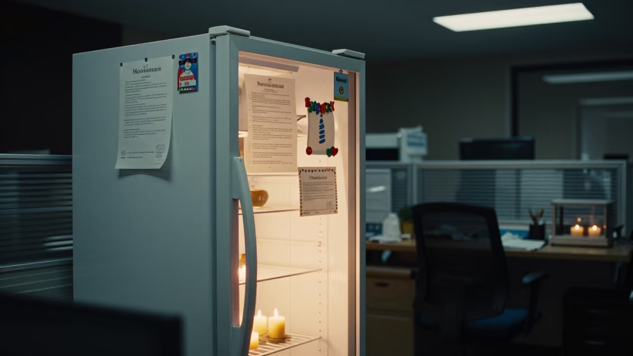 Candlelit Office Fridge with Notices Medan Night in inside a coworking floor in Medan